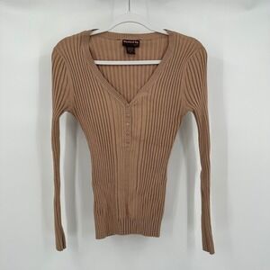 Womens‎ Y2K Henley Top XL Ribbed Knit Minimalist Taupe Old Money Aesthetic